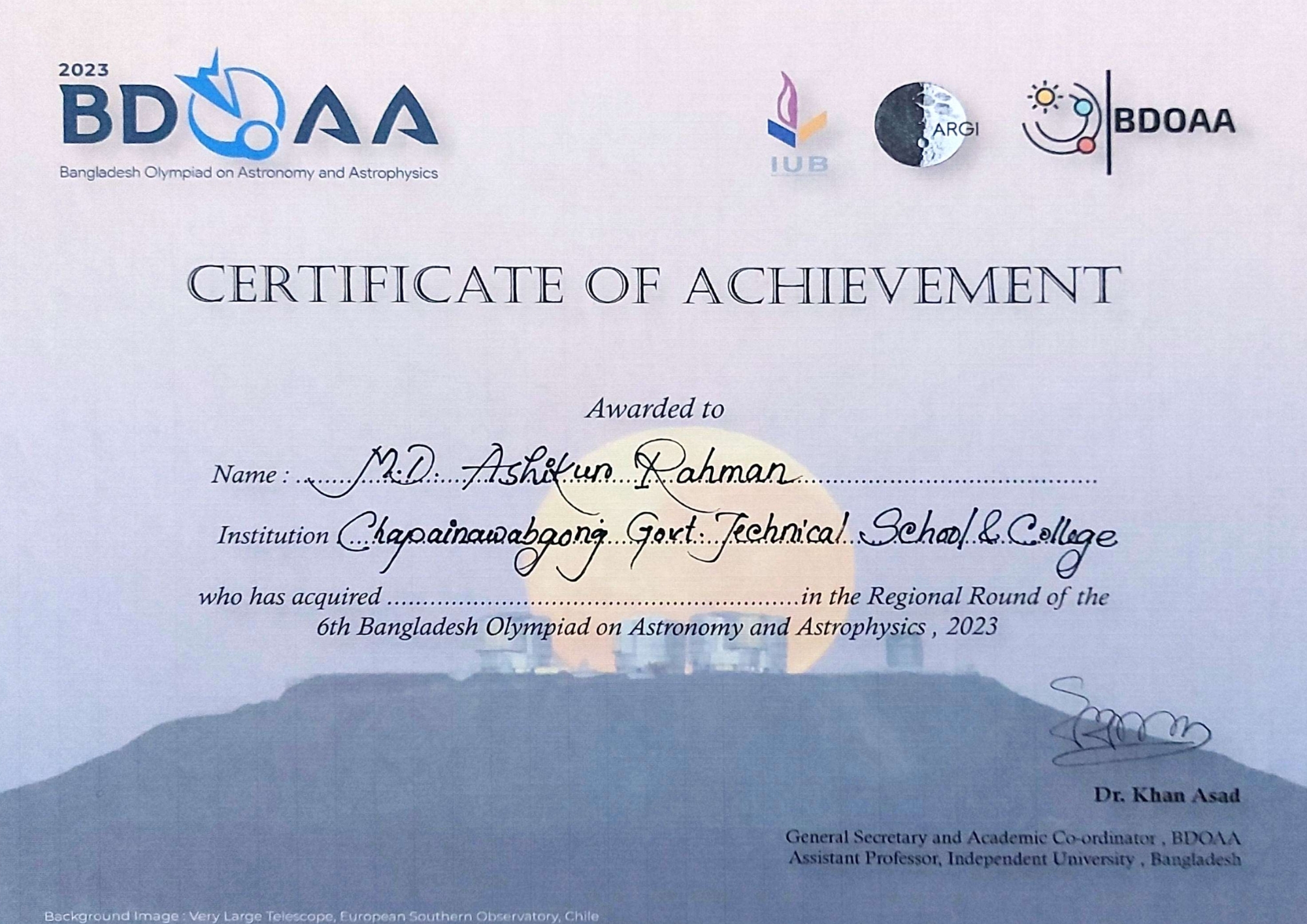 Certificates of Md. Ashikur Rahman (Ayon) from Bangladesh Olympiad on Astronomy and Astrophysics (BDOAA)